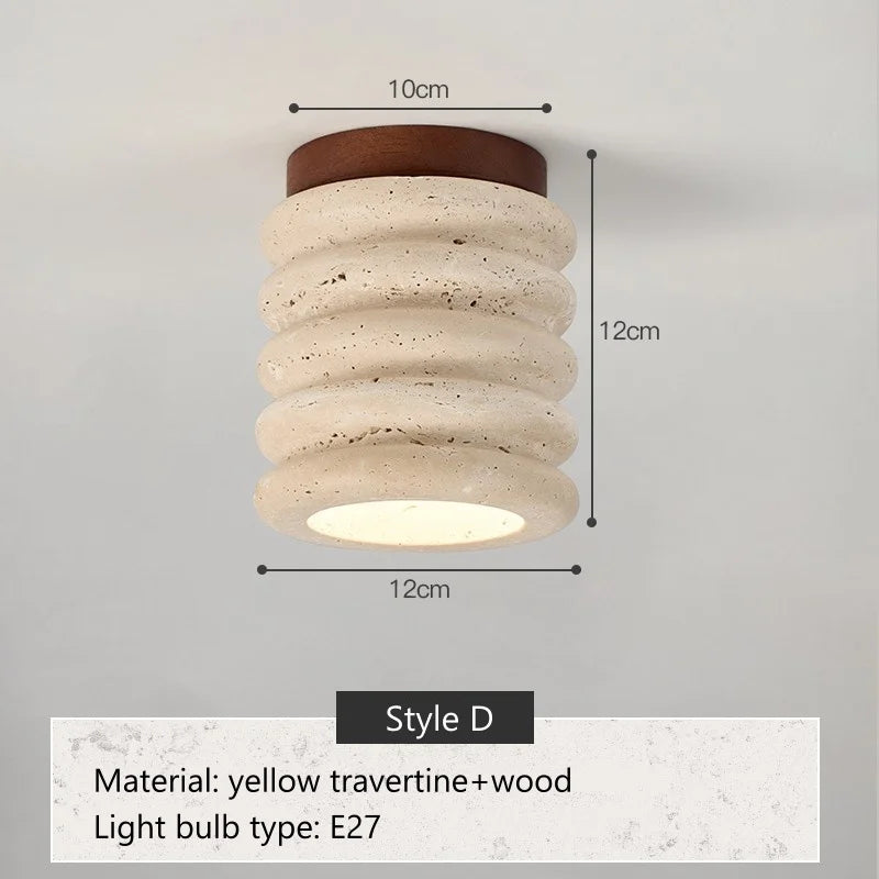 Travertine & Walnut Ceiling Light – Wabi-Sabi Japandi Flush Mount Lamp | Natural Ambient Interior Lighting