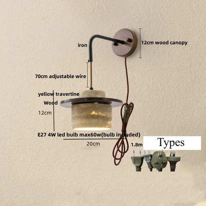 Travero Pull Wall Light – Travertine Stone & Wood LED Lamp | Scandinavian Ambient Lighting | Natural Interior Elegance