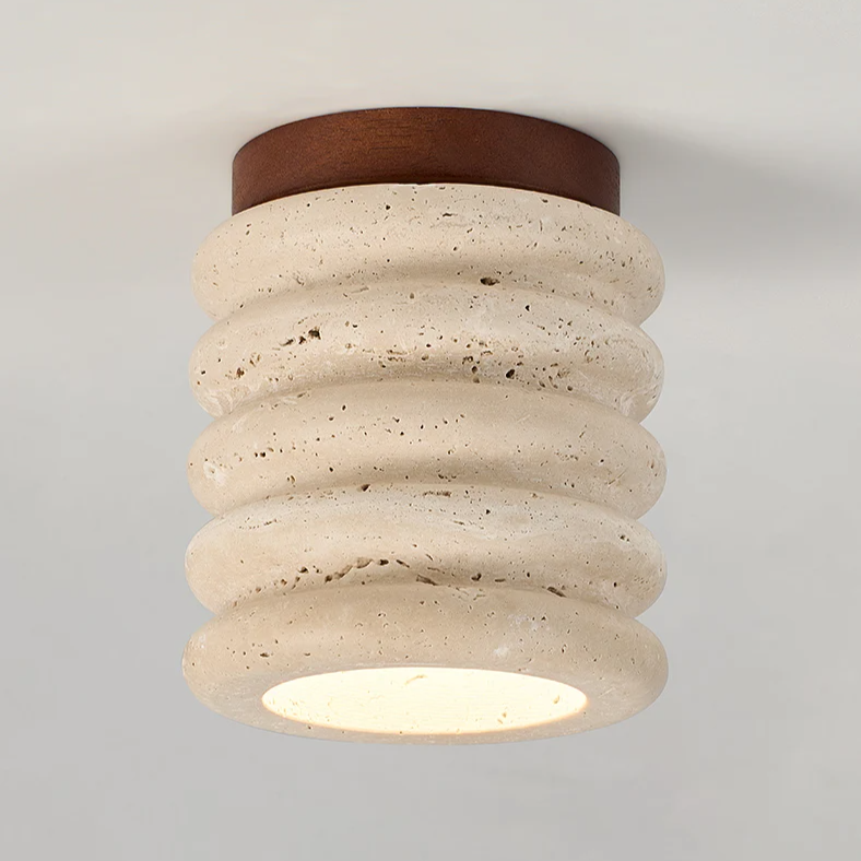 Travertine & Walnut Ceiling Light – Wabi-Sabi Japandi Flush Mount Lamp | Natural Ambient Interior Lighting