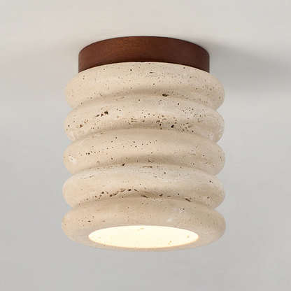Travertine & Walnut Ceiling Light – Wabi-Sabi Japandi Flush Mount Lamp | Natural Ambient Interior Lighting