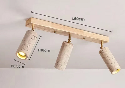 Travertine & Wood Ceiling Spotlight – Wabi-Sabi LED Flush Mount Light | Japandi Accent Interior Lighting