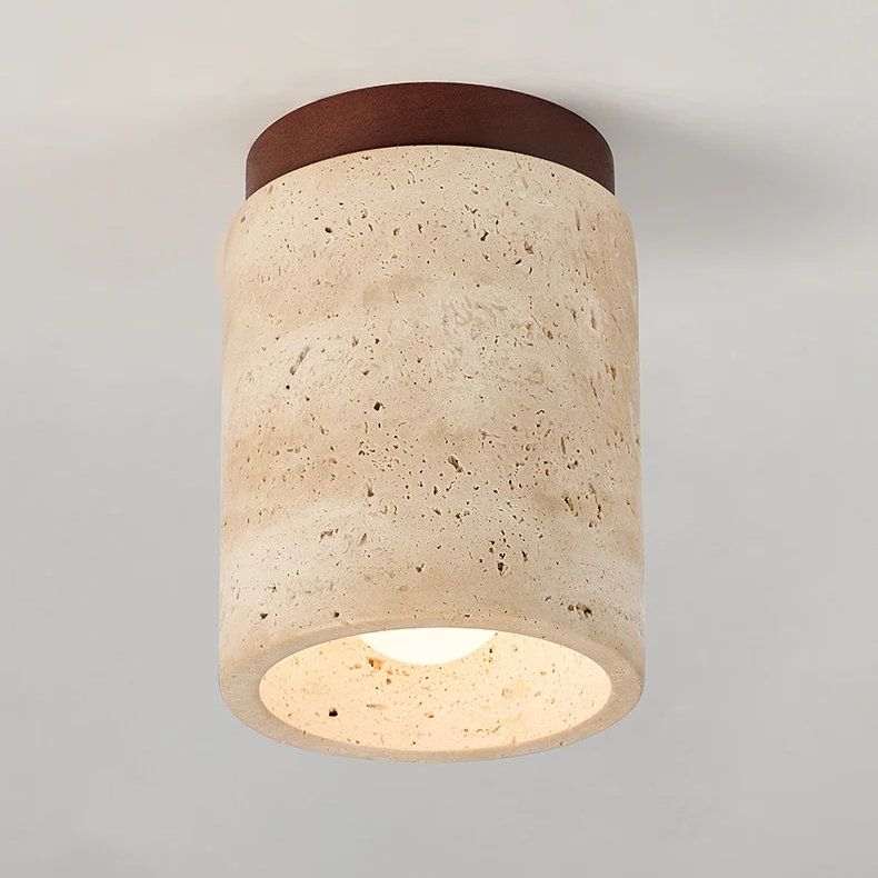 Travertine & Walnut Ceiling Light – Wabi-Sabi Japandi Flush Mount Lamp | Natural Ambient Interior Lighting