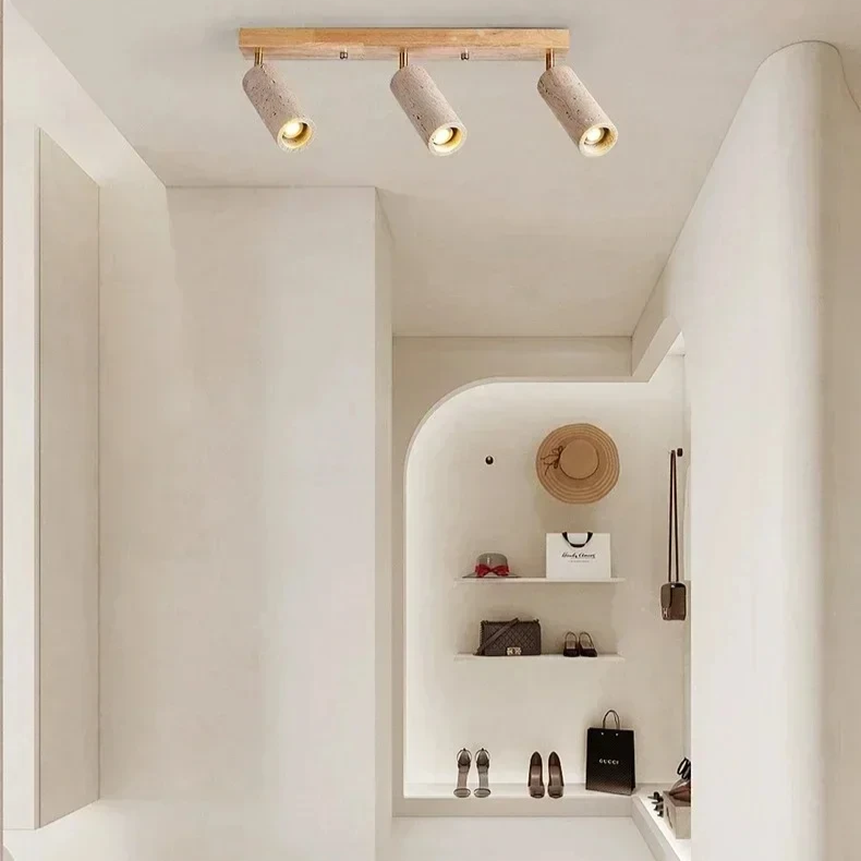 Travertine & Wood Ceiling Spotlight – Wabi-Sabi LED Flush Mount Light | Japandi Accent Interior Lighting