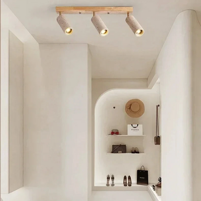 Travertine & Wood Ceiling Spotlight – Wabi-Sabi LED Flush Mount Light | Japandi Accent Interior Lighting