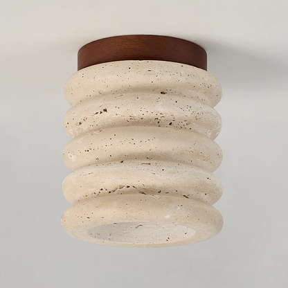 Travertine & Walnut Ceiling Light – Wabi-Sabi Japandi Flush Mount Lamp | Natural Ambient Interior Lighting