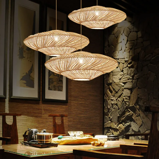 AetherRattan Pendant Light – Wabi-Sabi Rattan Ceiling Lamp | Japanese Nordic UFO Lighting for Elegant Interiors