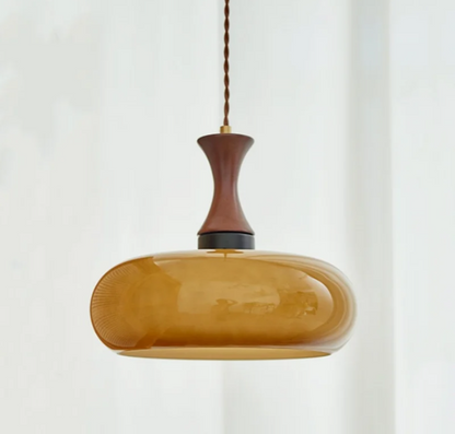 AmberGlow Vintage LED Pendant Lamp – Amber Glass & Wood Hanging Light with Adjustable 200 cm Cord