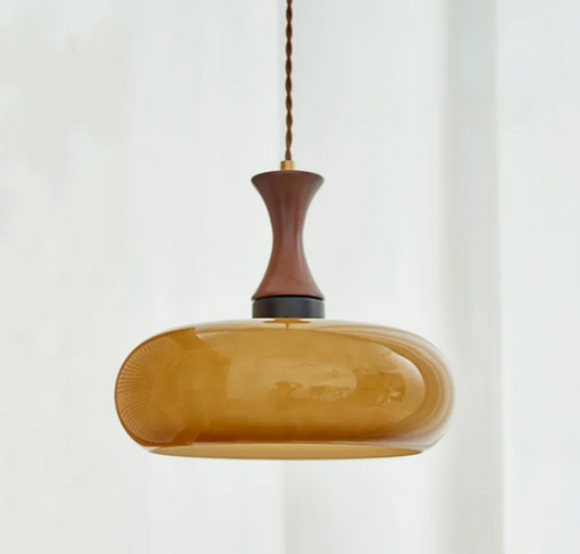 AmberGlow Vintage LED Pendant Lamp – Amber Glass & Wood Hanging Light with Adjustable 200 cm Cord
