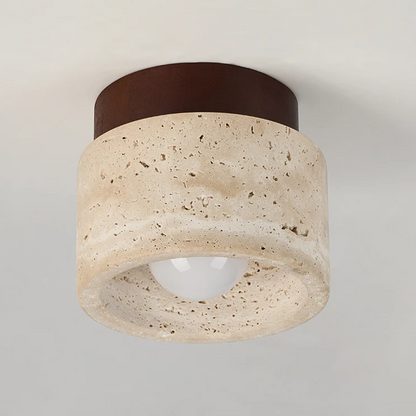 Travertine & Walnut Ceiling Light – Wabi-Sabi Japandi Flush Mount Lamp | Natural Ambient Interior Lighting