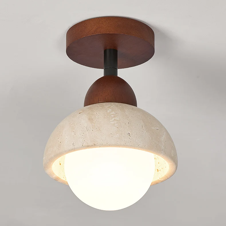 Travertine & Walnut Ceiling Light – Wabi-Sabi Japandi Flush Mount Lamp | Natural Ambient Interior Lighting