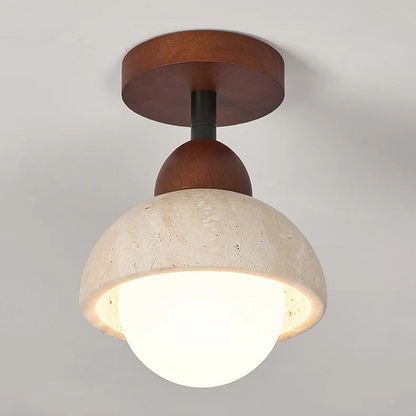 Travertine & Walnut Ceiling Light – Wabi-Sabi Japandi Flush Mount Lamp | Natural Ambient Interior Lighting