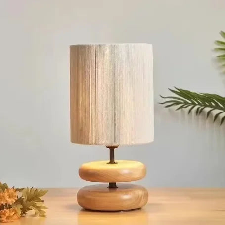 Japanese Wood Table Lamp with Jute Detail – Minimalist LED Bedside Light | Warm Zen Interior Lighting