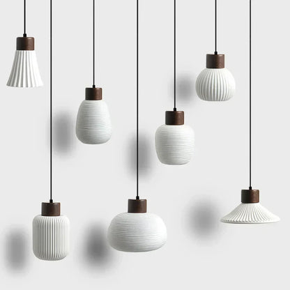 Ceramic & Wood Pendant Light – Modern Nordic LED Hanging Lamp | Natural Contemporary Lighting