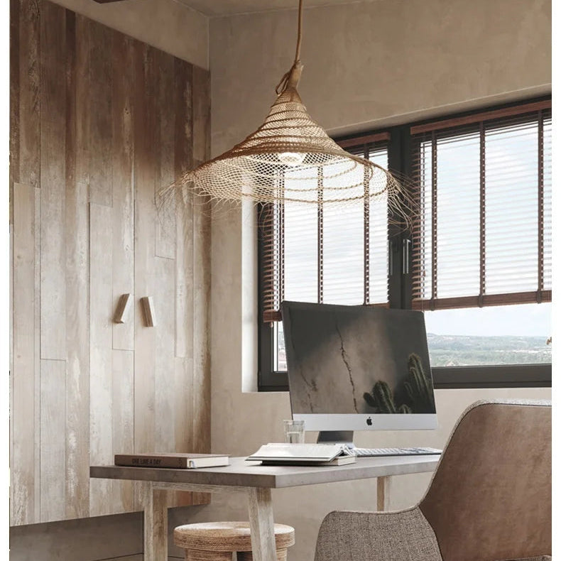 Kaizen Loom Pendant Light – Japandi LED Hanging Lamp | Wabi-Sabi Rattan-Style Ceiling Light for Calm Modern Interiors