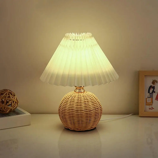 Pleated LED Table Lamp with Rattan Base – Vintage Bedside Light | Decorative Reading Lamp | Modern Home Accent Lighting