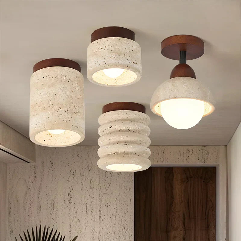 Travertine & Walnut Ceiling Light – Wabi-Sabi Japandi Flush Mount Lamp | Natural Ambient Interior Lighting