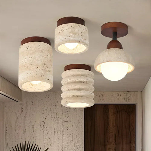 Travertine & Walnut Ceiling Light – Wabi-Sabi Japandi Flush Mount Lamp | Natural Ambient Interior Lighting