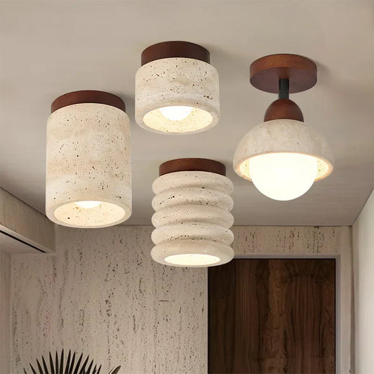 Travertine & Walnut Ceiling Light – Wabi-Sabi Japandi Flush Mount Lamp | Natural Ambient Interior Lighting