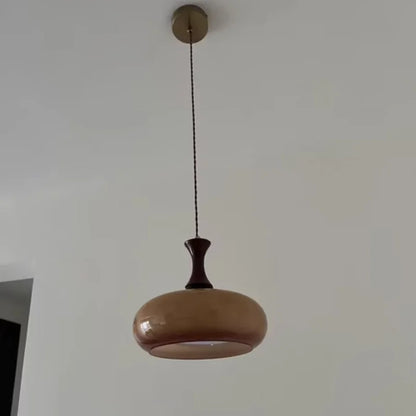 AmberGlow Vintage LED Pendant Lamp – Amber Glass & Wood Hanging Light with Adjustable 200 cm Cord