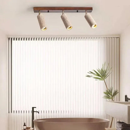 Travertine & Wood Ceiling Spotlight – Wabi-Sabi LED Flush Mount Light | Japandi Accent Interior Lighting