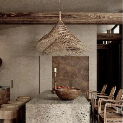 Kaizen Loom Pendant Light – Japandi LED Hanging Lamp | Wabi-Sabi Rattan-Style Ceiling Light for Calm Modern Interiors