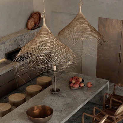 Kaizen Loom Pendant Light – Japandi LED Hanging Lamp | Wabi-Sabi Rattan-Style Ceiling Light for Calm Modern Interiors