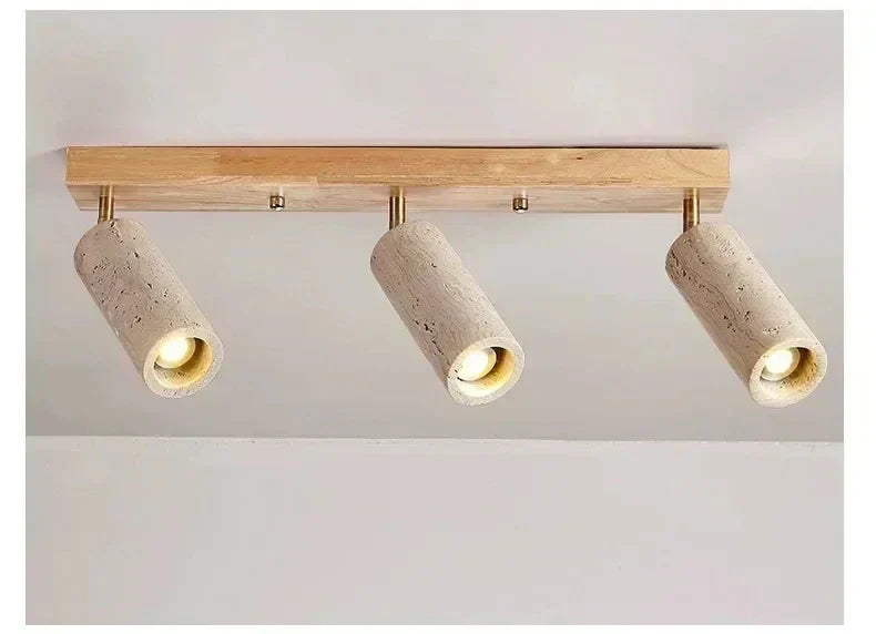 Travertine & Wood Ceiling Spotlight – Wabi-Sabi LED Flush Mount Light | Japandi Accent Interior Lighting