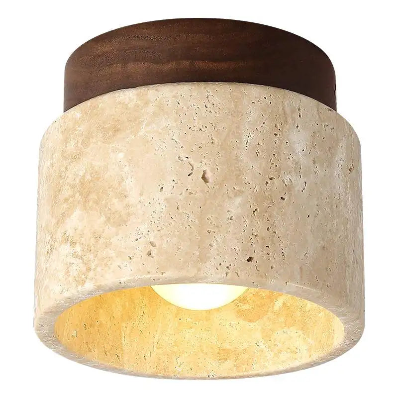 Travertine & Walnut Ceiling Light – Wabi-Sabi Japandi Flush Mount Lamp | Natural Ambient Interior Lighting