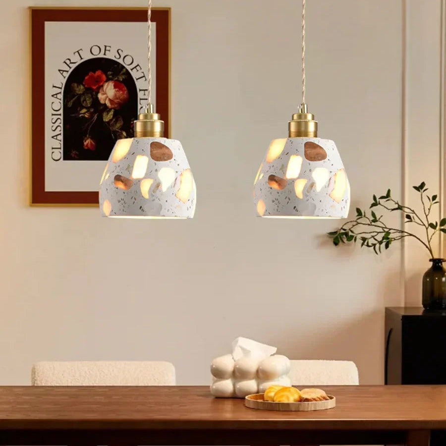 Terrazzo Stone Pendant Light with Copper Detail – Modern LED Ceiling Lamp | Contemporary Designer Lighting