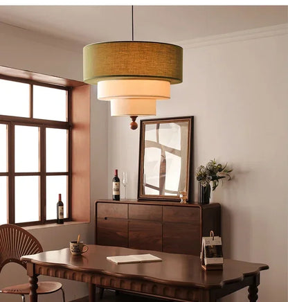 Boho Fabric Pendant Light – Wooden Ceiling Lamp | Warm Ambient Lighting | Rustic Modern Interior Décor