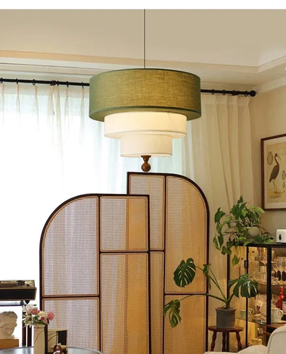 Boho Fabric Pendant Light – Wooden Ceiling Lamp | Warm Ambient Lighting | Rustic Modern Interior Décor