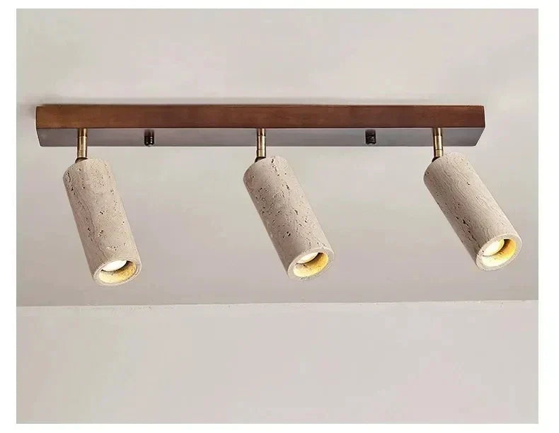 Travertine & Wood Ceiling Spotlight – Wabi-Sabi LED Flush Mount Light | Japandi Accent Interior Lighting