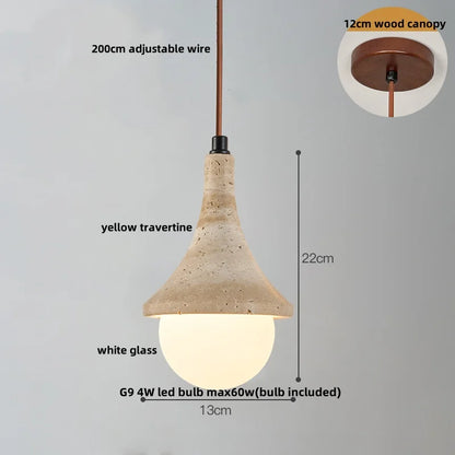 Wabiora Pendant Light – Travertine Stone & Wood Ceiling Lamp | Japandi Ambient Lighting | Natural Interior Harmony