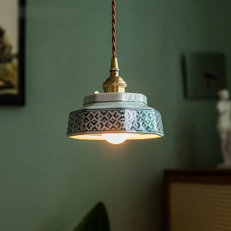 Dark Green Ceramic Pendant Light with Copper Finish – Retro Nordic Ceiling Lamp | Elegant Ambient Lighting