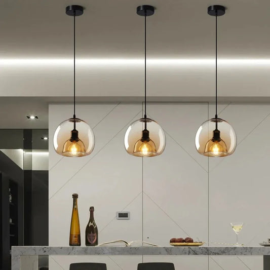 Amber Glass Pendant Light – Modern E27 Ceiling Lamp | Warm Ambient Lighting | Elegant Contemporary Interior Feature