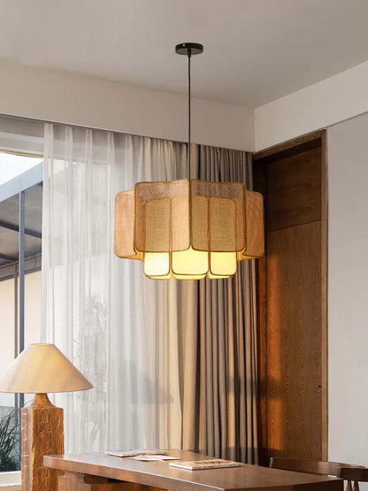 Wabi Sabi Rattan Pendant Light – Handwoven Bamboo Ceiling Lamp | Natural Ambient Lighting | Japandi Boho Interior Décor