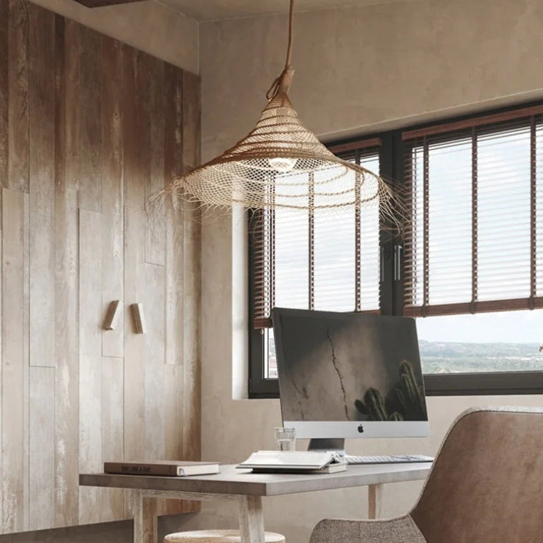 Kaizen Loom Pendant Light – Japandi LED Hanging Lamp | Wabi-Sabi Rattan-Style Ceiling Light for Calm Modern Interiors