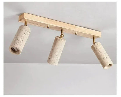 Travertine & Wood Ceiling Spotlight – Wabi-Sabi LED Flush Mount Light | Japandi Accent Interior Lighting
