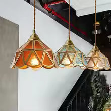 Vintage Stained Glass Pendant Light – Luxury Brass Hanging Lamp | Colourful Retro Interior Lighting