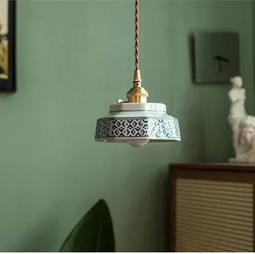 Dark Green Ceramic Pendant Light with Copper Finish – Retro Nordic Ceiling Lamp | Elegant Ambient Lighting