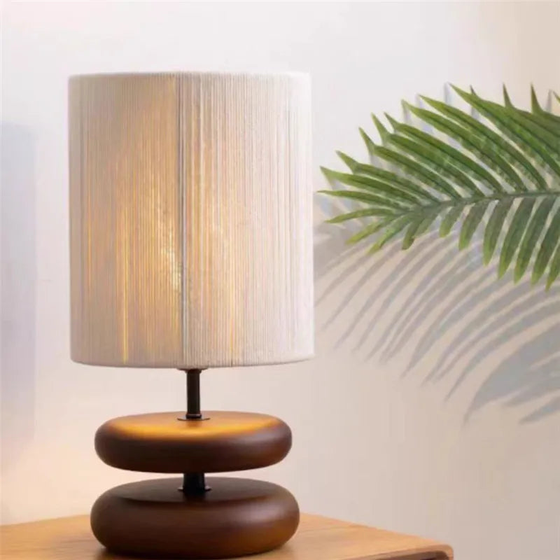Japanese Wood Table Lamp with Jute Detail – Minimalist LED Bedside Light | Warm Zen Interior Lighting
