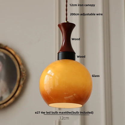 AmberGlow Vintage LED Pendant Lamp – Amber Glass & Wood Hanging Light with Adjustable 200 cm Cord