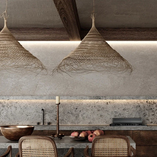 Kaizen Loom Pendant Light – Japandi LED Hanging Lamp | Wabi-Sabi Rattan-Style Ceiling Light for Calm Modern Interiors