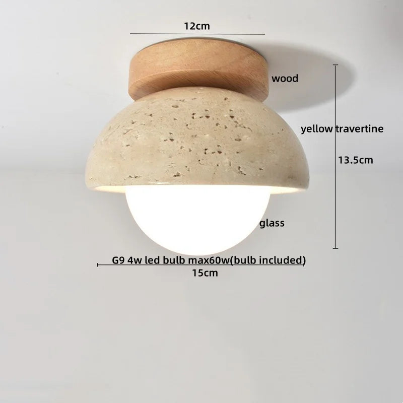 Travero Flush Ceiling Light – Wabi-Sabi Travertine Stone Lamp | Minimalist Natural Lighting for Modern Interiors