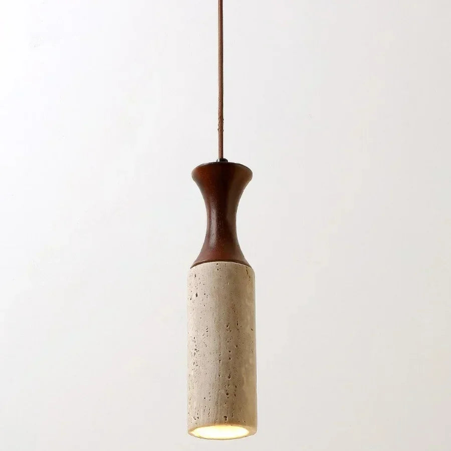 Wabiora Pendant Light – Travertine Stone & Wood Ceiling Lamp | Japandi Ambient Lighting | Natural Interior Harmony