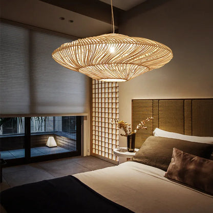 AetherRattan Pendant Light – Wabi-Sabi Rattan Ceiling Lamp | Japanese Nordic UFO Lighting for Elegant Interiors