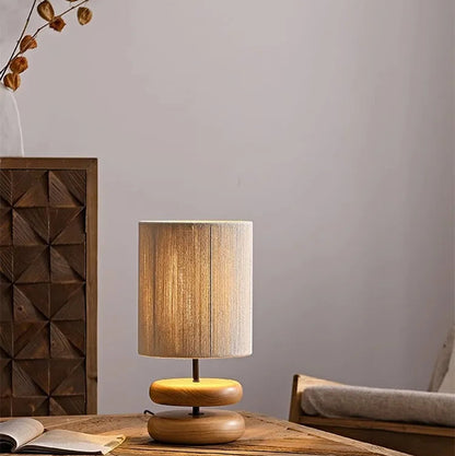 Japanese Wood Table Lamp with Jute Detail – Minimalist LED Bedside Light | Warm Zen Interior Lighting