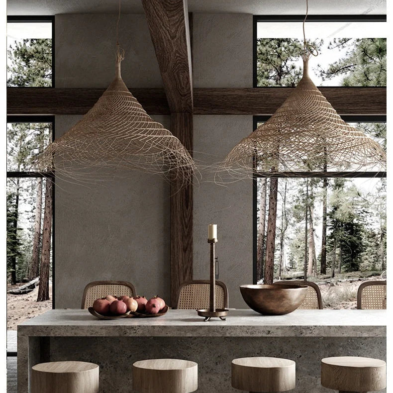 Kaizen Loom Pendant Light – Japandi LED Hanging Lamp | Wabi-Sabi Rattan-Style Ceiling Light for Calm Modern Interiors