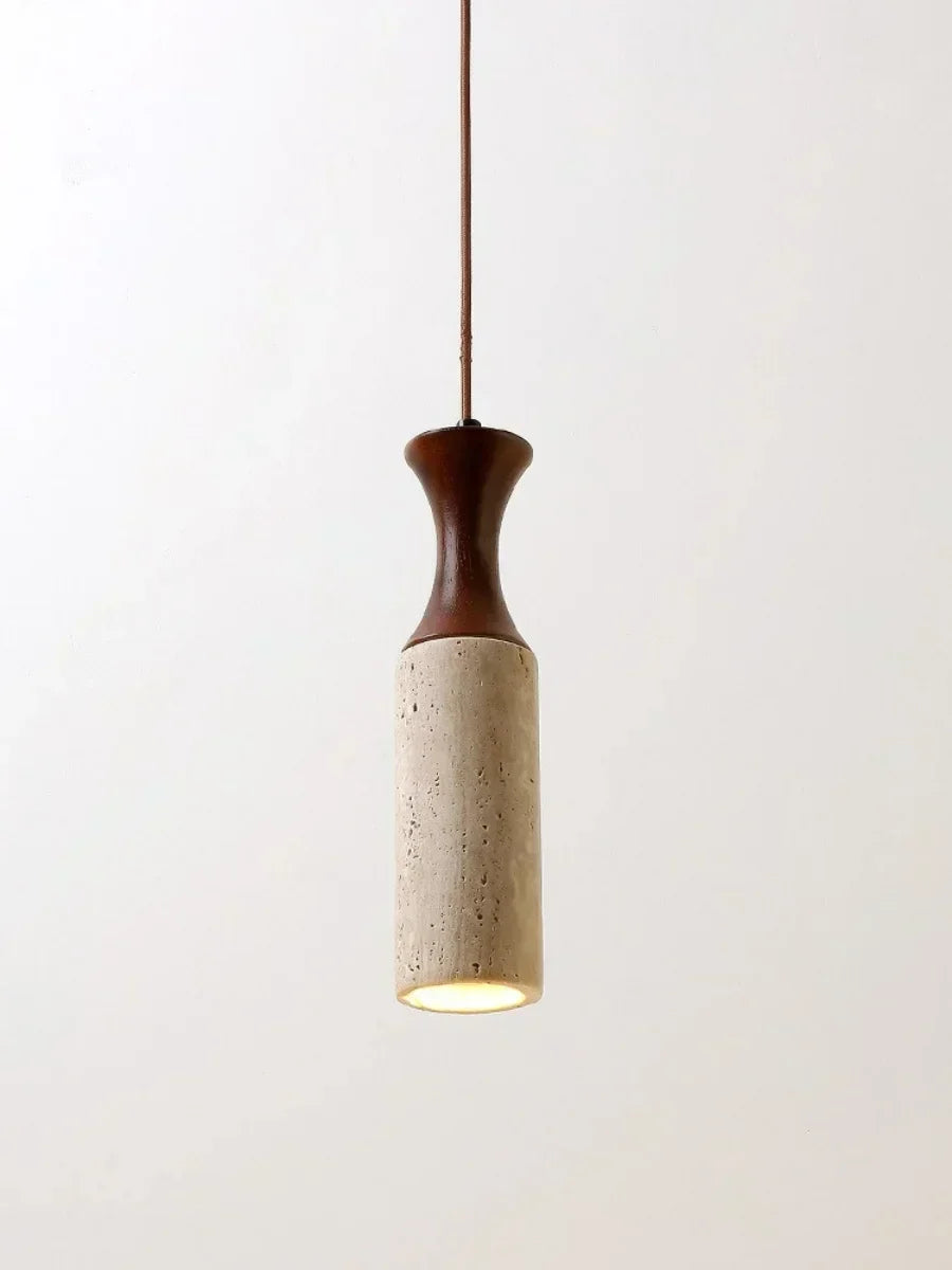 Wabiora Pendant Light – Travertine Stone & Wood Ceiling Lamp | Japandi Ambient Lighting | Natural Interior Harmony