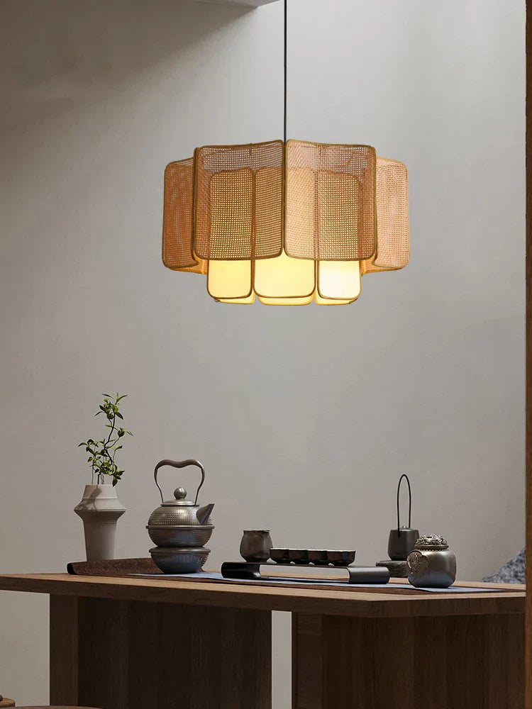 Wabi Sabi Rattan Pendant Light – Handwoven Bamboo Ceiling Lamp | Natural Ambient Lighting | Japandi Boho Interior Décor
